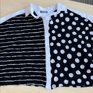 Alembika Luxe Trapeze Collared Button-Down Shirt black white polka dots stripes